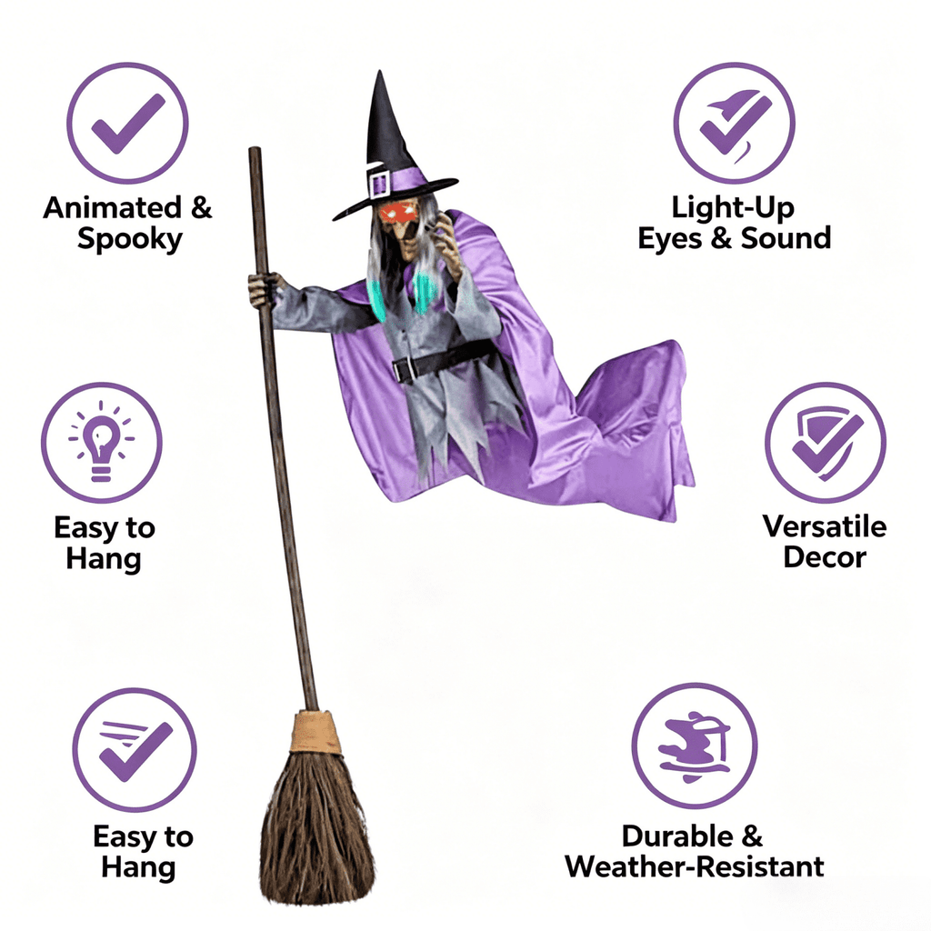 Witchwood™ Witch Decorations Halloween 6 FT Scary Flying Witch Decorations Animatronics Halloween Props with Scary Sounds and Lights Decorations for Outside Indoor Garden Yard