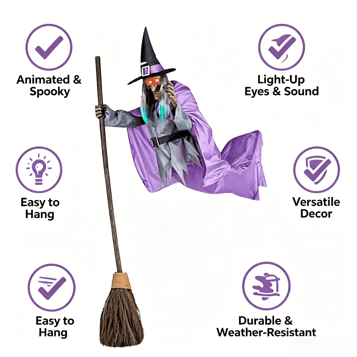 Witchwood™ Witch Decorations Halloween 6 FT Scary Flying Witch Decorations Animatronics Halloween Props with Scary Sounds and Lights Decorations for Outside Indoor Garden Yard