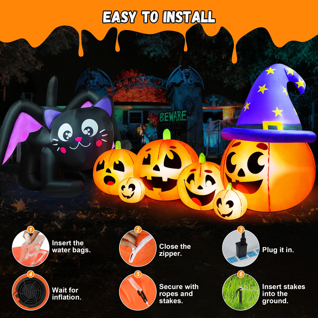Witchwood™ 9FT Halloween Inflatable Black Cat with Pumpkin,Halloween Yard Decoration with 8 LED Lights,Blow Up Outdoor Lawn Decor