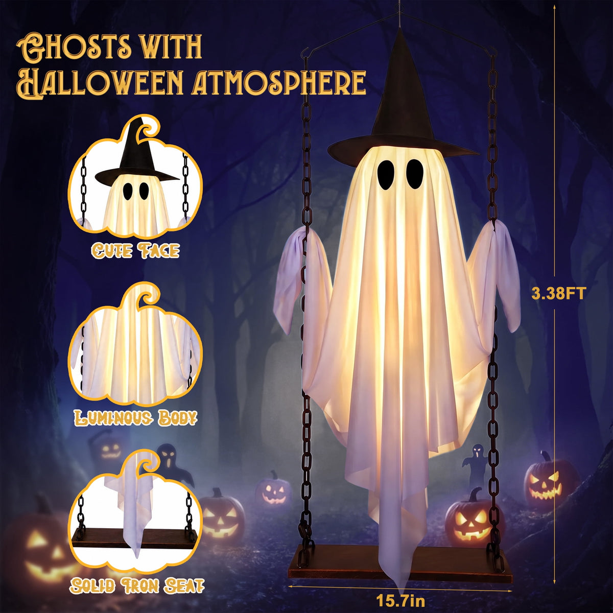 Witchwood™ Halloween Decorations Outdoor, Hanging Swing Ghosts with Lights Halloween Spooky Cute Ghosts Decor for Outside Home Front Porch Yard Lawn Tree