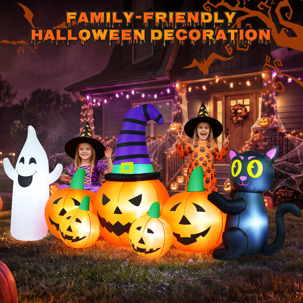 Witchwood™ 8FT Long Halloween Inflatable Pumpkin with Ghost and Black Cat,Outdoor Halloween Decoration with LED Lights for Yard Lawn Garden Porch Party Decor