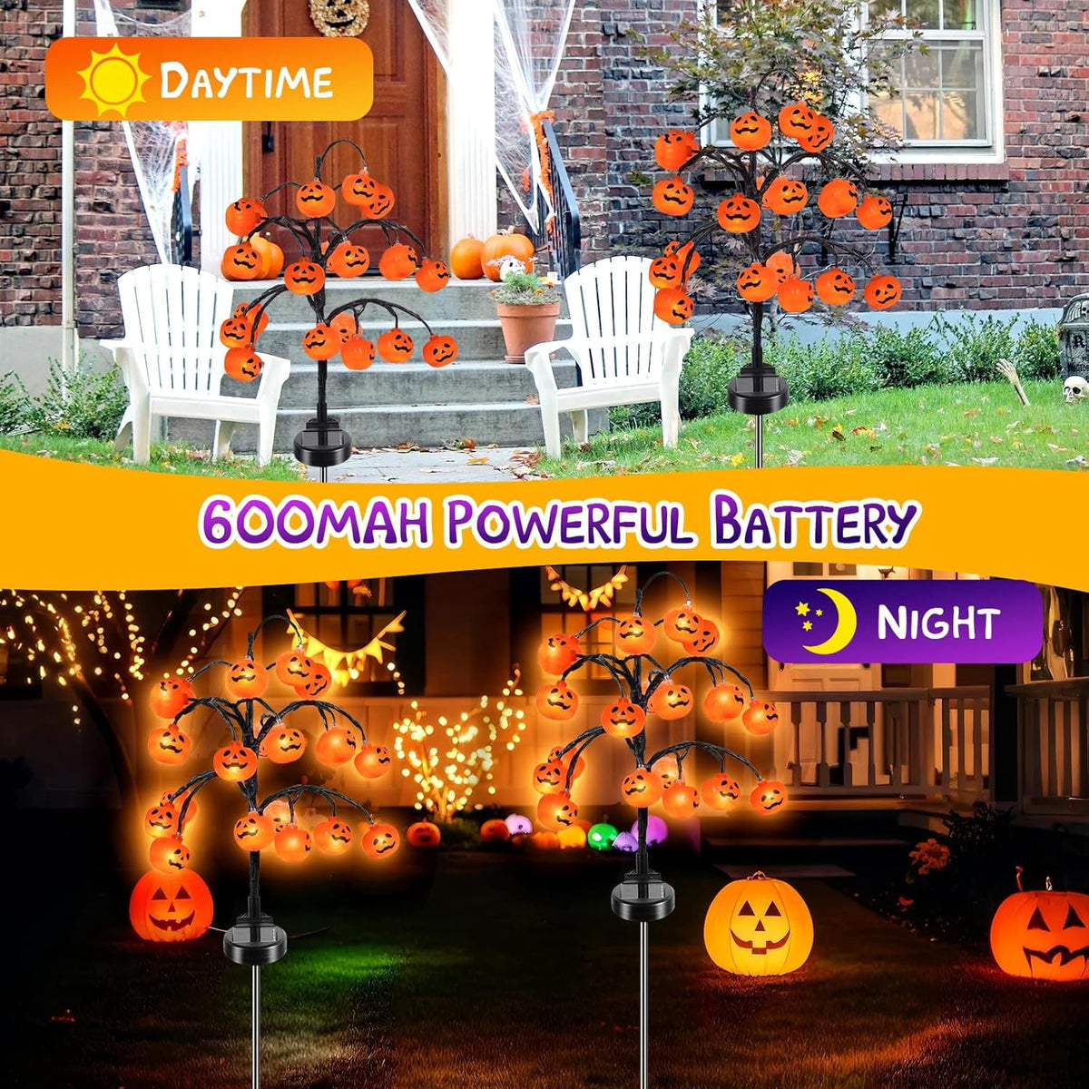 Witchwood™ 2 packs 40 LEDs Solar Halloween Pumpkin Stake Lights, 2 Modes Outdoor Waterproof Halloween Decorations, Solar Halloween Lights Stakes for Garden Yard Pathway