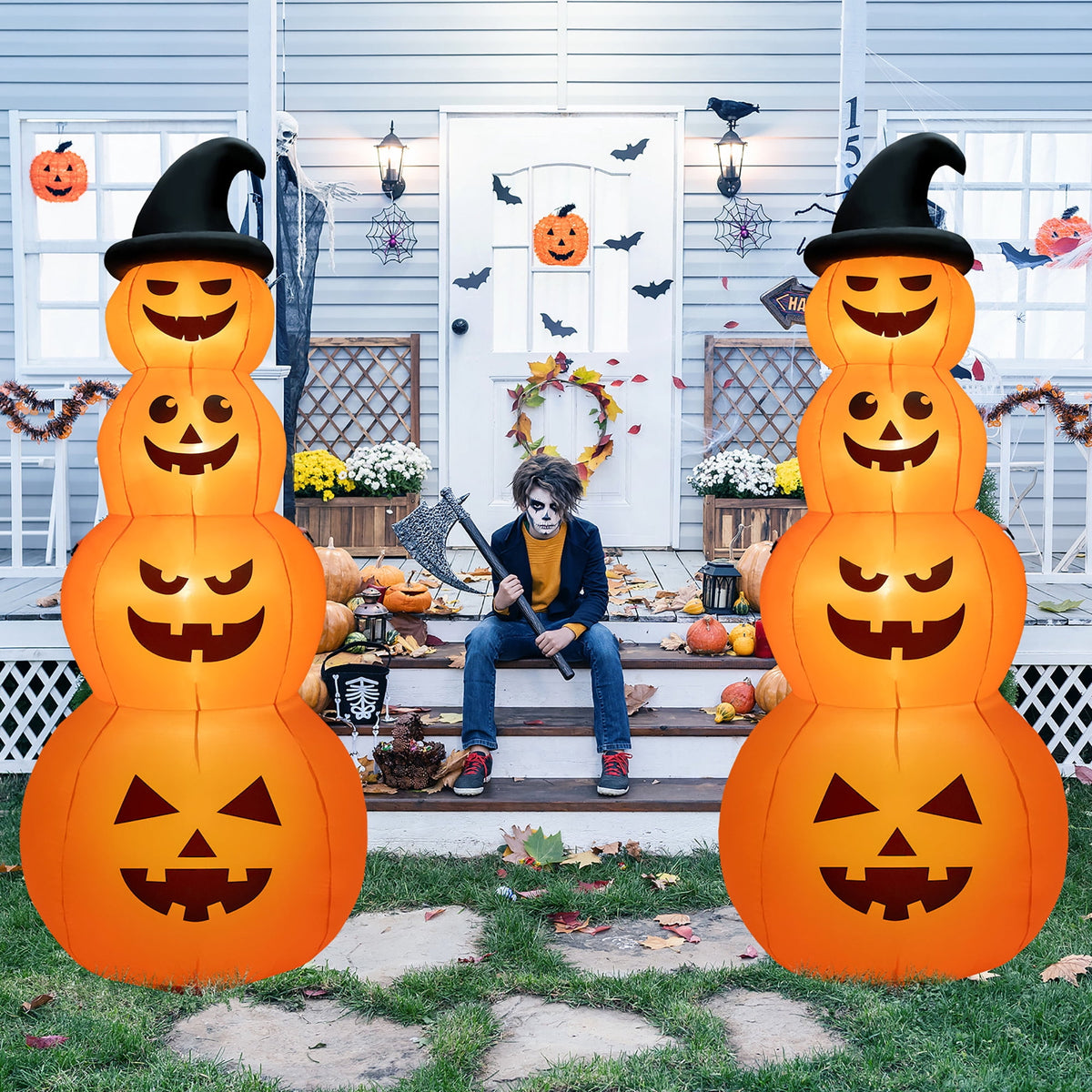 Witchwood™ Gymax 8 ft Inflatable Halloween Pumpkins Stack Holiday Decor w/ Built-in LED Lights