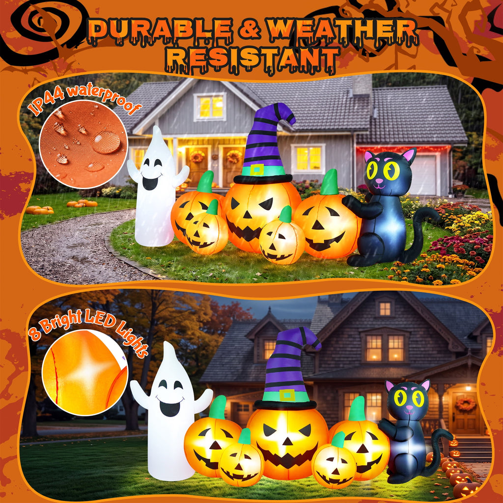 Witchwood™ 8FT Long Halloween Inflatable Pumpkin with Ghost and Black Cat,Outdoor Halloween Decoration with LED Lights for Yard Lawn Garden Porch Party Decor