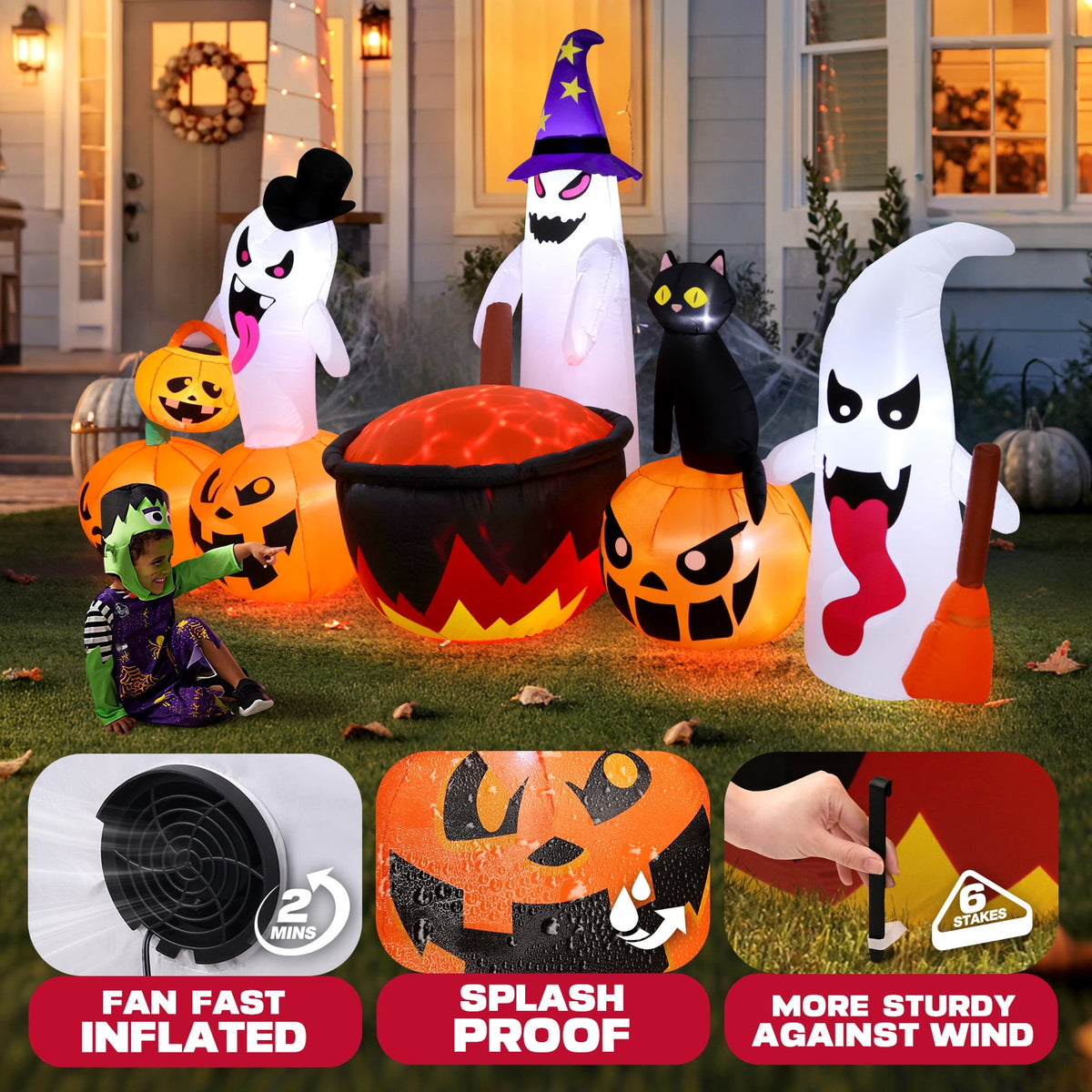 Witchwood™ 8.5FT Halloween Inflatables Pumpkin Ghost Family with Built-in LED Lights, Halloween Blow up Yard Decorations