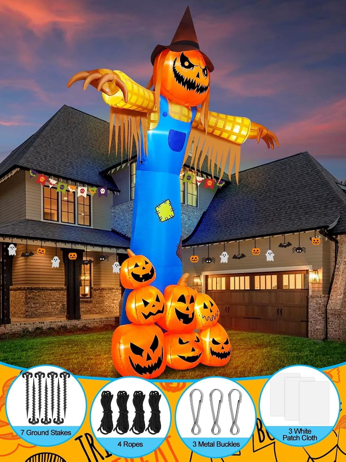 Witchwood™ 12.5 FT Halloween Inflatables with Music, Giant Pumpkin Scarecrow Inflatable with LED Light Blow Up Yard Decor with Scary Sound for Outdoor Garden Lawn Holiday Party Supplies