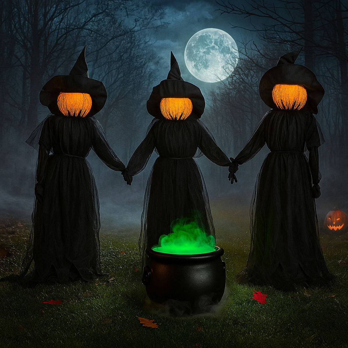 Witchwood™ Evergreen Set of 3 LED Lighted Halloween Witch Stakes, 4' Tall for Garden Lawn or Patio