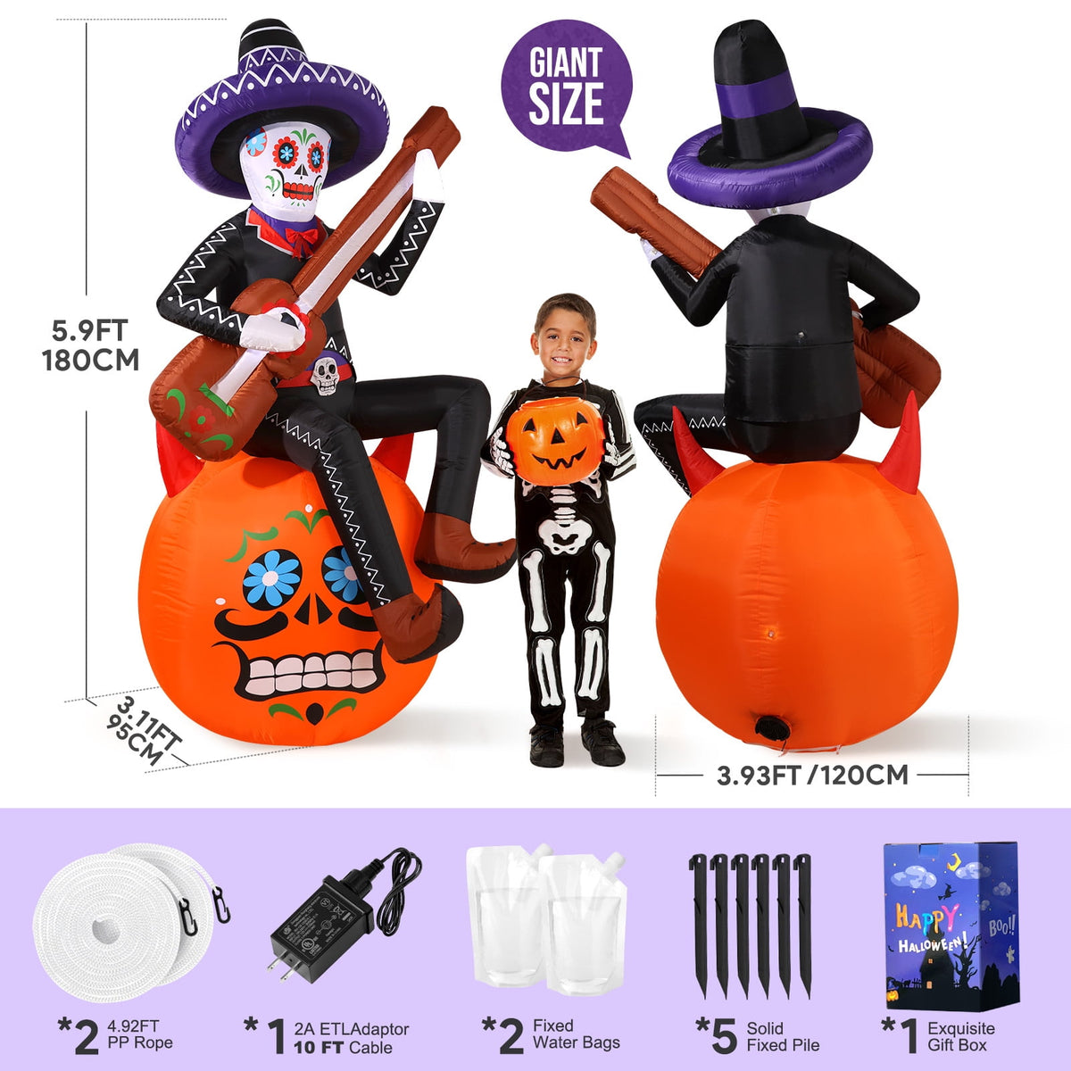 Witchwood™ 6FT Halloween Inflatable Outdoor Decoration, Day of the Dead Skull with Guitar, Blow Up Yard Decor