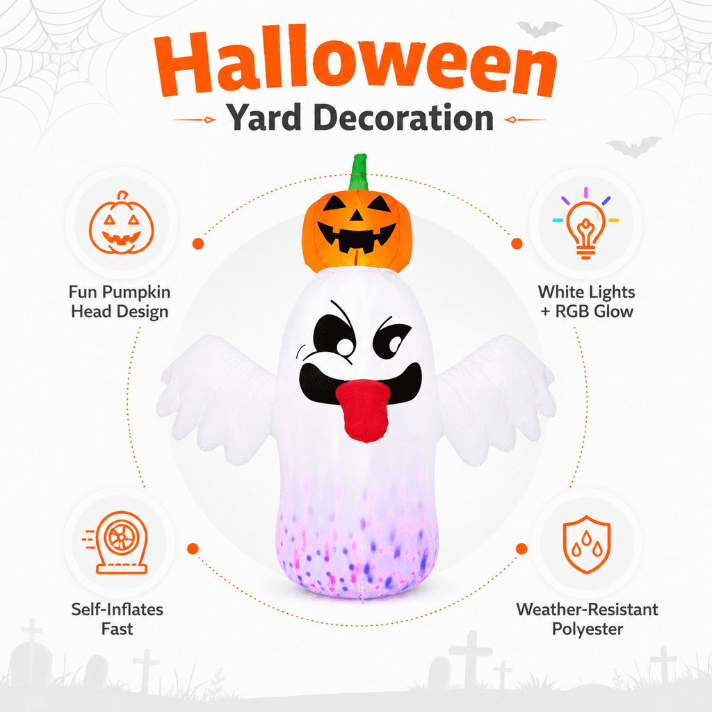 Witchwood™ 6FT Halloween Inflatable Ghost with Pumpkin Head, Light-Up Blow Up Outdoor Yard Decoration with White and RGB LED Lights