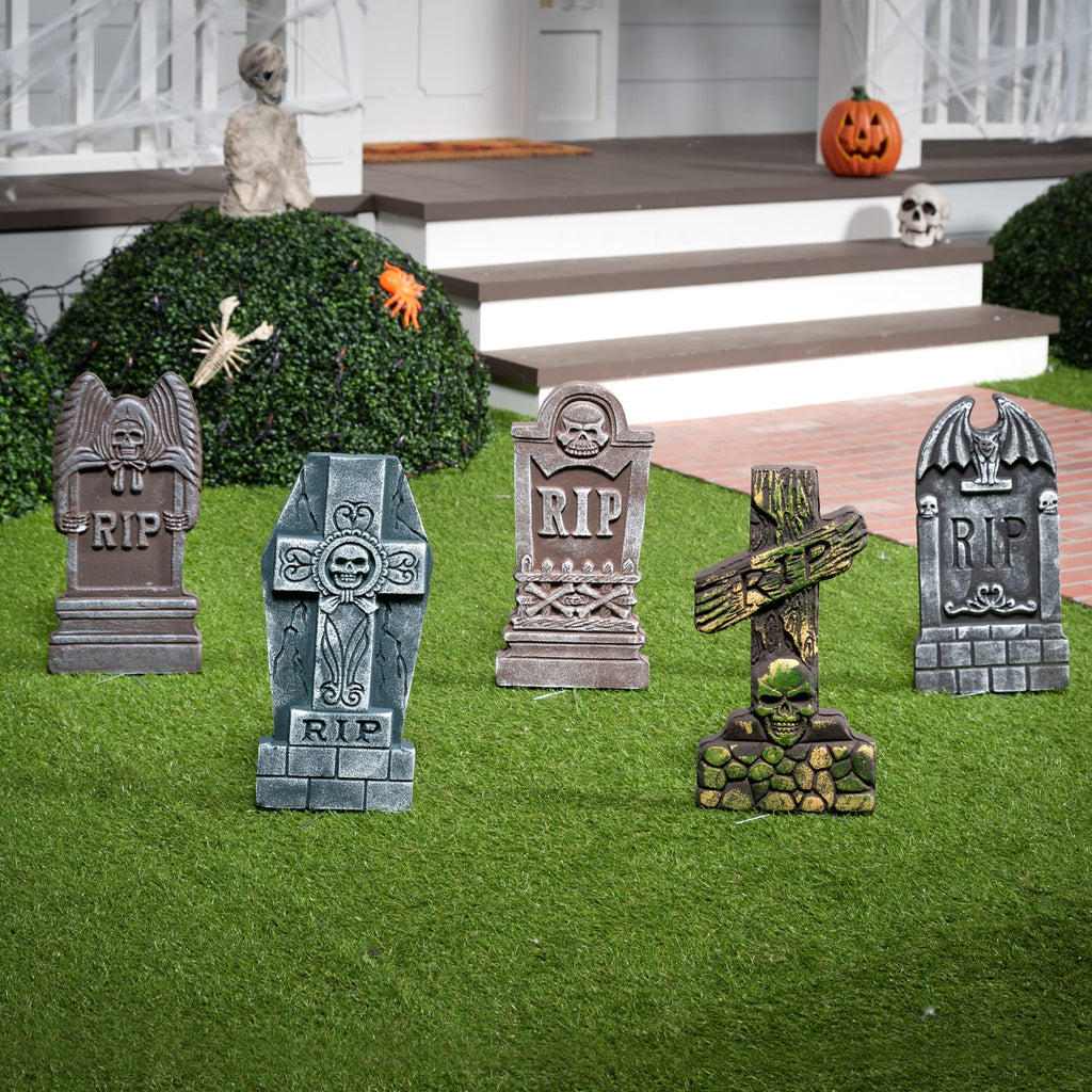 Witchwood™ 17" Halloween 5 Pack Tombstone Decorations, Foam RIP Graveyard Signs Cemetery Headstones Scary Outdoor Indoor Halloween Decor with 12 Metal Stakes for Easy Set Up, Waterproof for Garden Lawn
