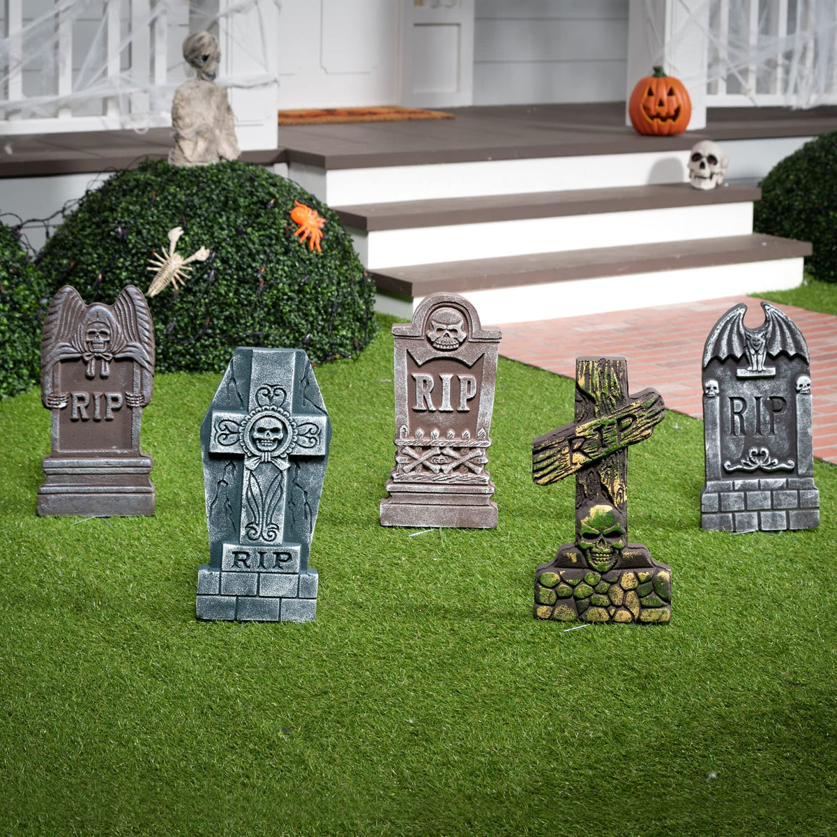 Witchwood™ 17" Halloween 5 Pack Tombstone Decorations, Foam RIP Graveyard Signs Cemetery Headstones Scary Outdoor Indoor Halloween Decor with 12 Metal Stakes for Easy Set Up, Waterproof for Garden Lawn
