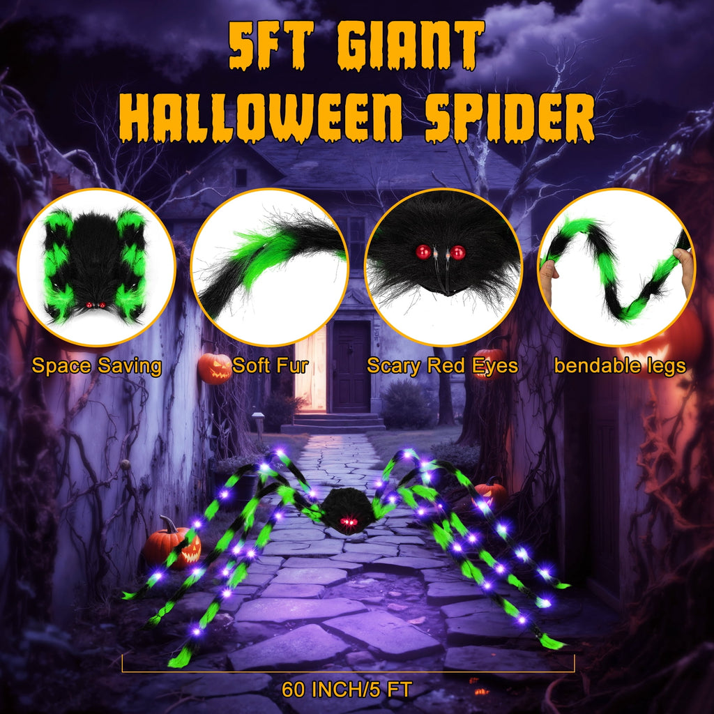 Witchwood™ Halloween Decorations Outdoor, 5Ft Giant Spider Light Up Spider, 2 Pack Scary Large Halloween Spider Decor for Home Party Favor Yard Decor