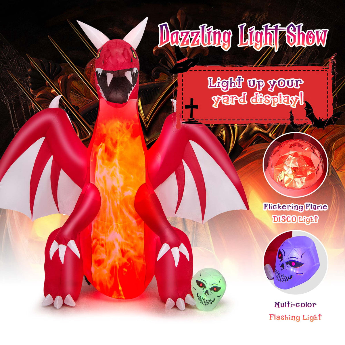 Witchwood™ Costway 8 FT Halloween Inflatable Red Dragon with Wings & Skull Holiday Decoration Light