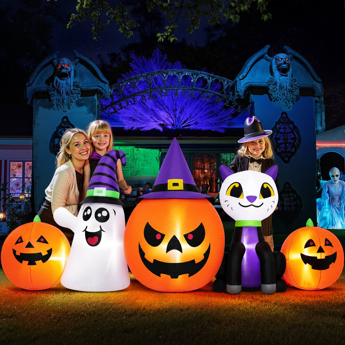 Witchwood™ (2 pack) 8FT Halloween Inflatable Pumpkins Ghost Cat with Lights,Blow ups Outdoor Decorations for Yard