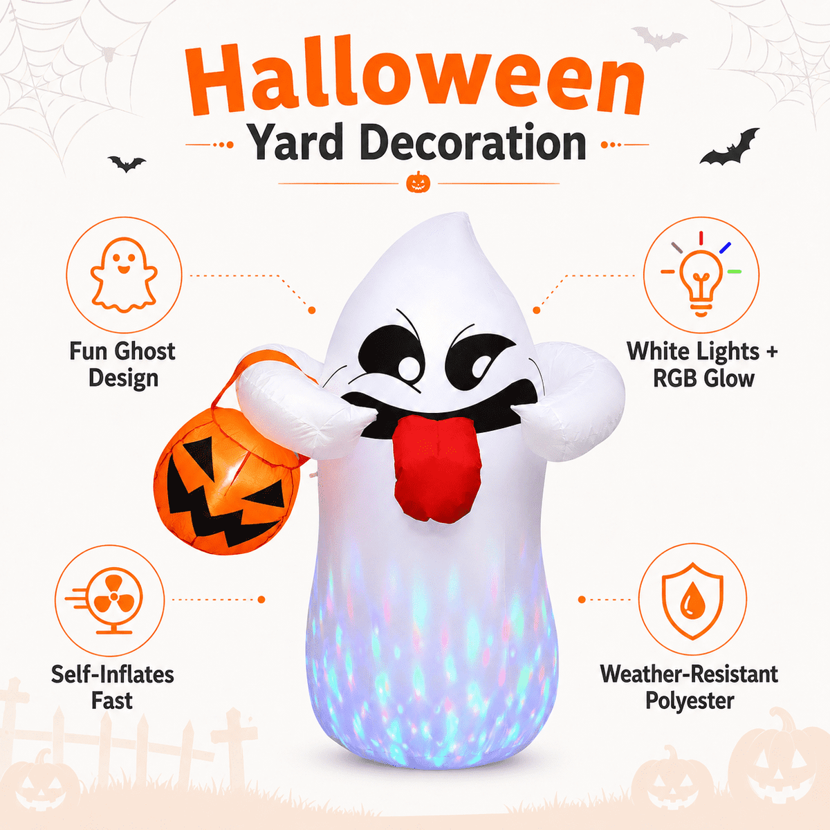 Witchwood™ 5FT Halloween Inflatable Ghost Holding Pumpkin Lantern, Light-Up Blow Up Outdoor Yard Decoration with RGB LED Lights