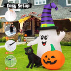 Witchwood™ Halloween Inflatables 5 FT Halloween Ghost Inflatable with LED Lights, Cute Ghost Blow Up with Wizard Hat Pumpkin Black Cat, Outdoor Halloween Decorations for Halloween Holiday Indoor Outdoor
