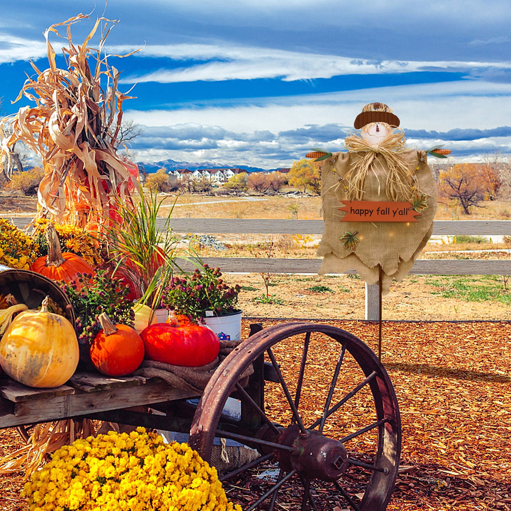 Witchwood™ Fall Scarecrow Yard Stake with LED Lights Happy Fall Ya'll Scarecrow Garden Stake Autumn Harvest Halloween Thanksgiving Outdoor Yard Decorations