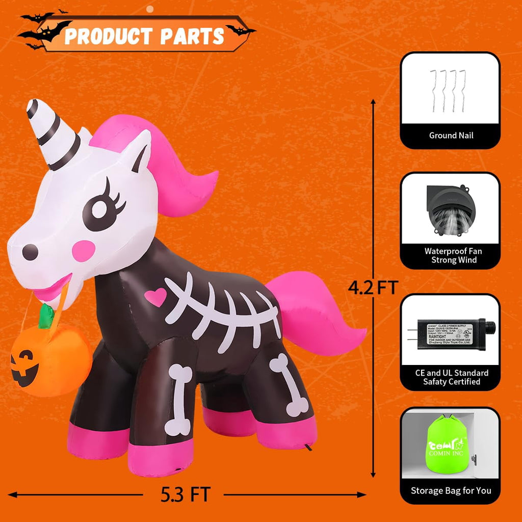 Witchwood™ COMIN 5 FT Halloween Inflatables Skeleton Unicorn Outdoor Decorations Blow Up Yard Pink Cute with Built-in LEDs for Indoor Party Garden Lawn Decor