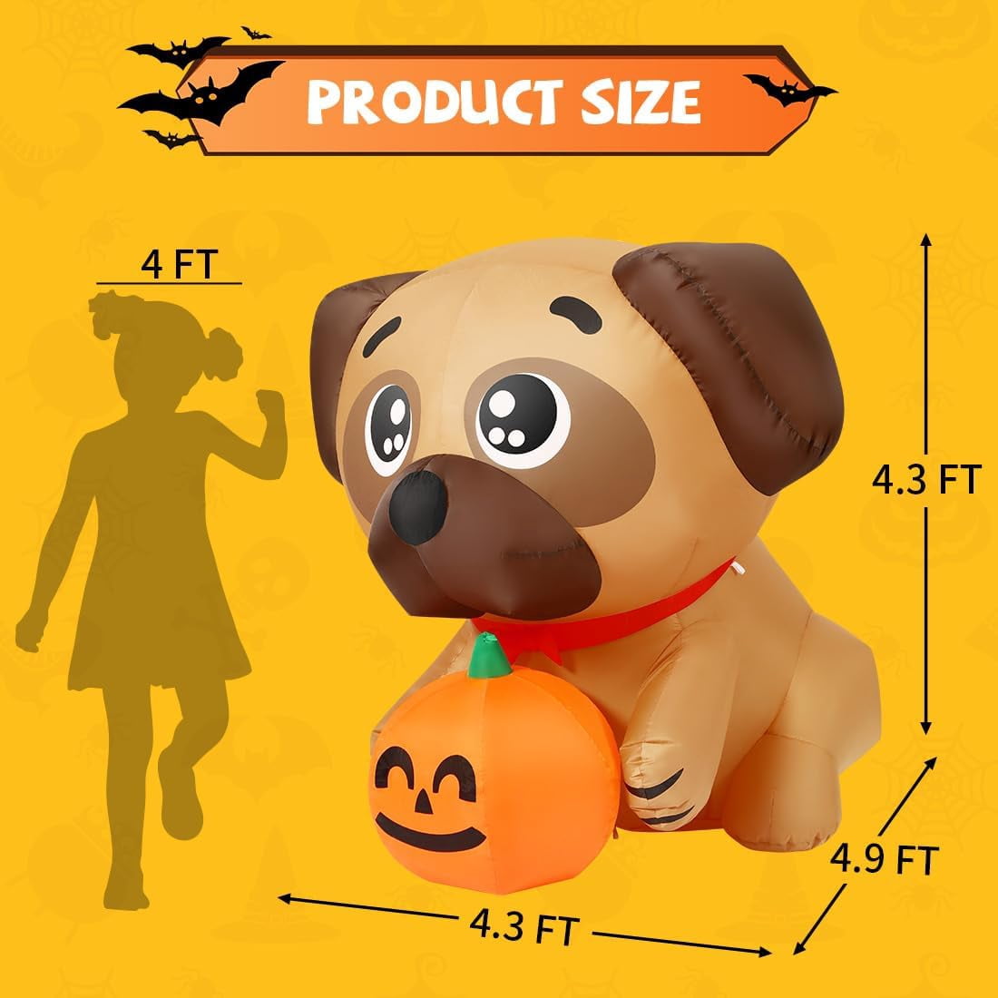 Witchwood™ COMIN 5 FT Halloween Inflatables Dog Outdoor Yard Decorations Blow Up Pug Holding Pumpkin with Built-in LEDs for Indoor Party Garden Lawn Decor