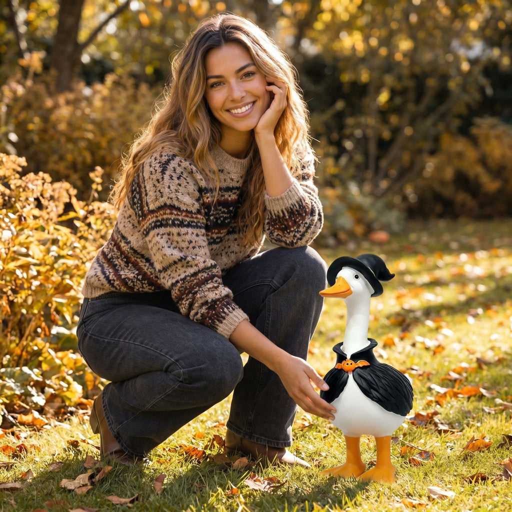 Witchwood™ Clearance! Witch Goose Figurine with Hat and Cape, Halloween Porch Goose Statue 11.8", Resin Lawn Goose Decor for Yard, Halloween Gift Ideal