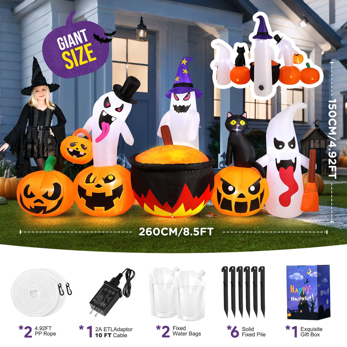 Witchwood™ 8.5FT Halloween Inflatables Pumpkin Ghost Family with Built-in LED Lights, Halloween Blow up Yard Decorations
