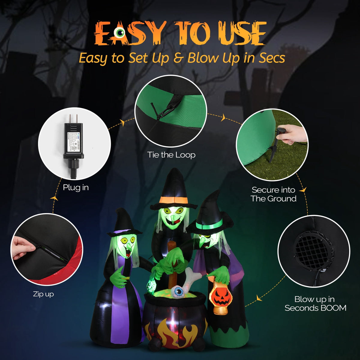 Witchwood™ 6' Halloween Inflatables Outdoor Halloween Witches Decoration Blow up Witches