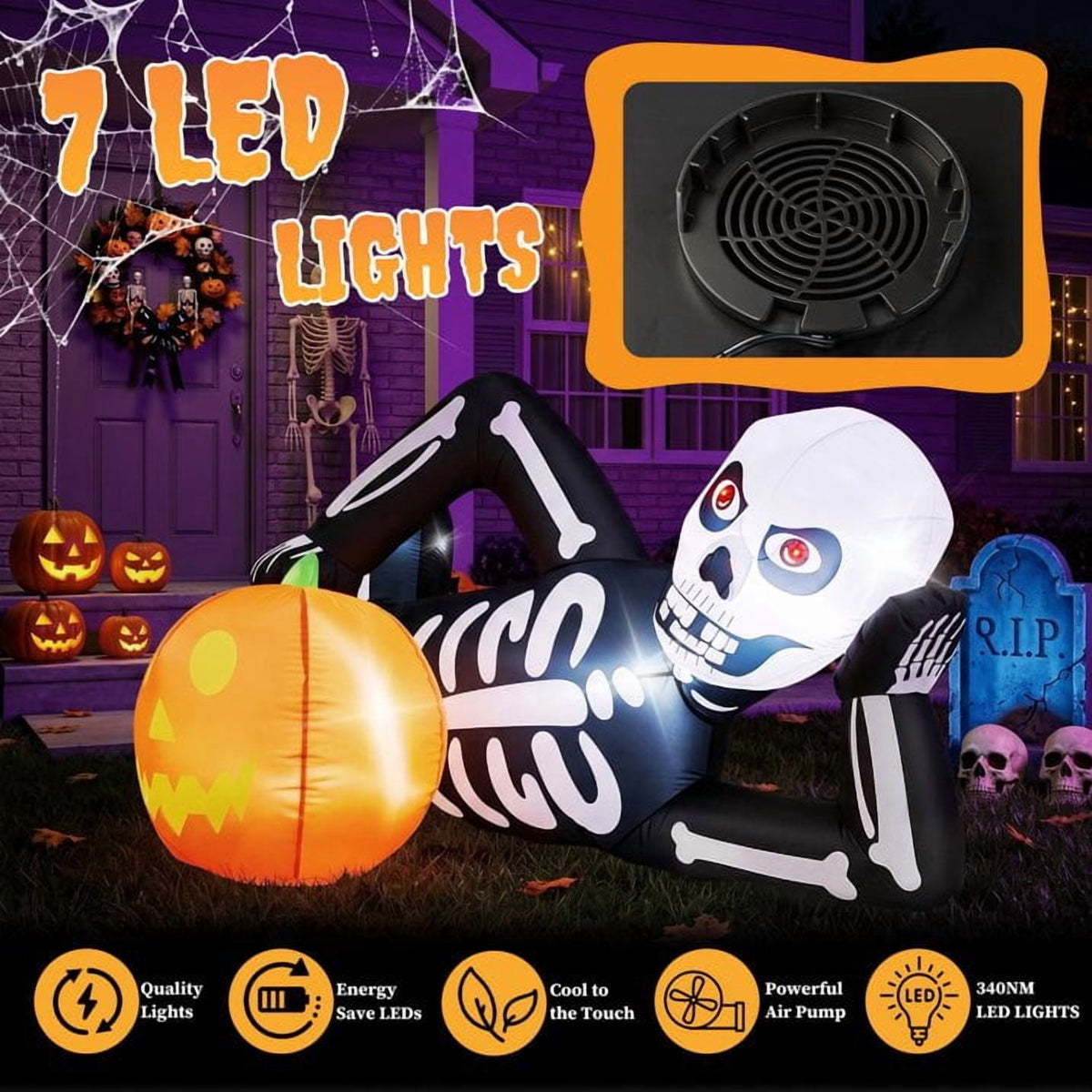Witchwood™ 7' Halloween Inflatables Skeleton Outdoor Halloween Decoration Reclining Skeleton with Pumpkin,Built-In LED Lights
