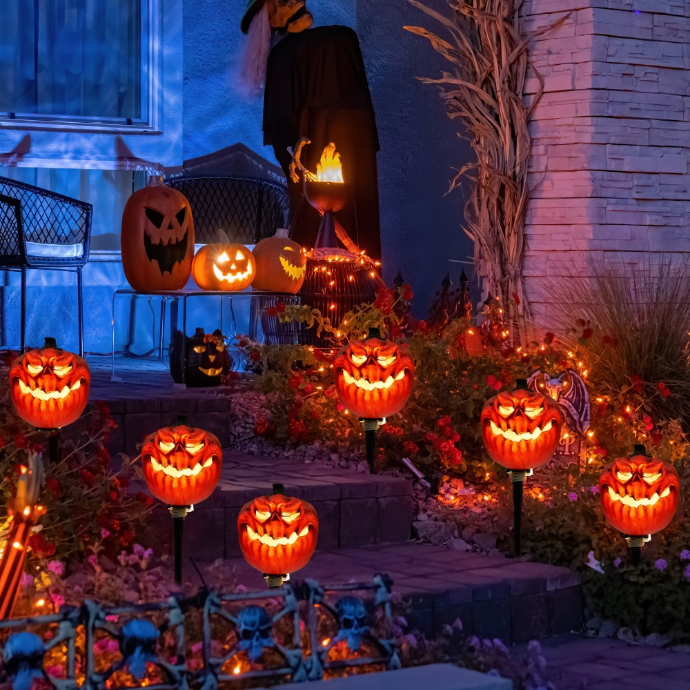 Witchwood™ 3 Pack Halloween Decorations Lighted Pumpkin Pathway Lights Stakes,Outdoor Jack-O-Lantern Waterproof Decorations,Scary Halloween Party Props Outdoor Yard Decor