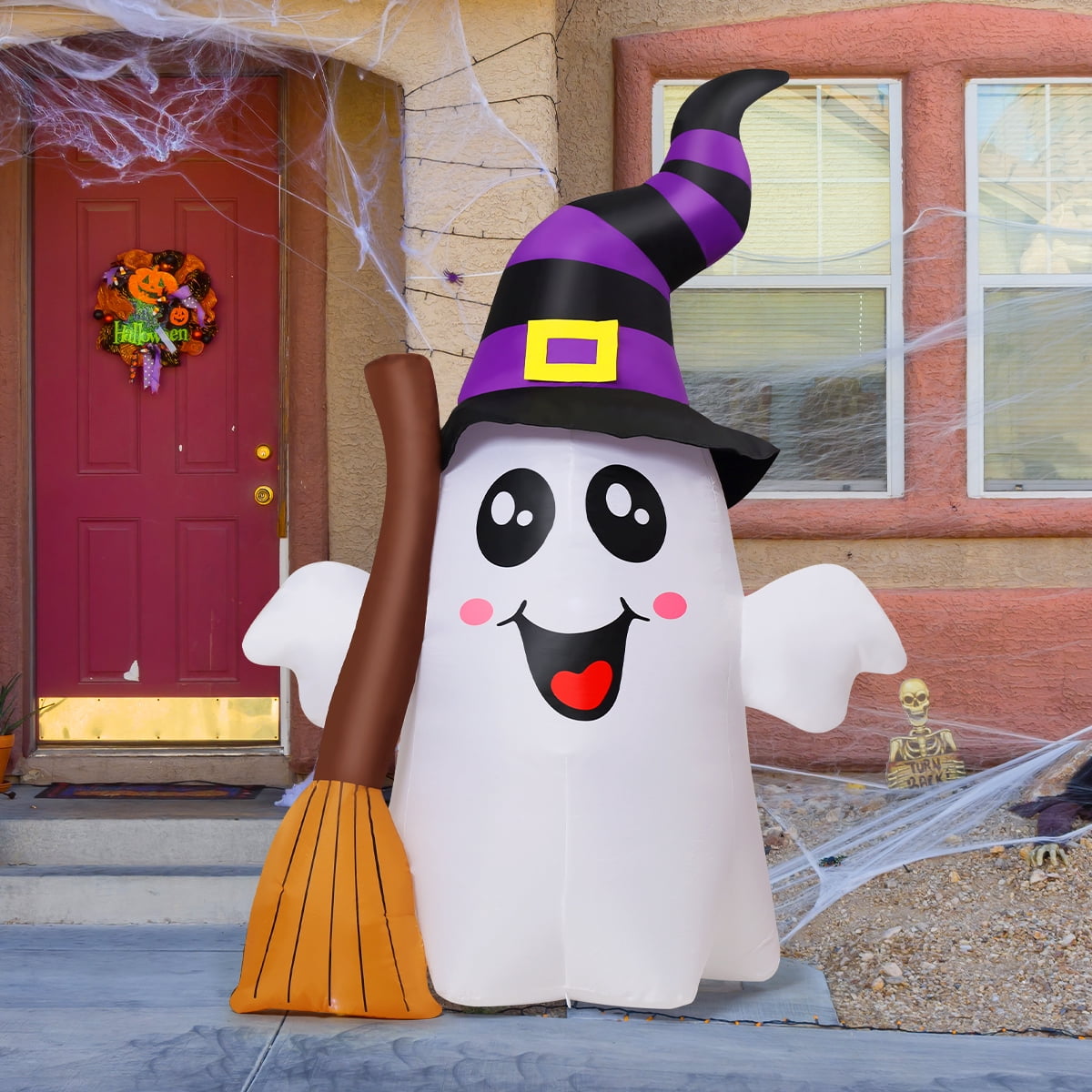 Witchwood™ Halloween Inflatables 6 FT Halloween Ghost Inflatable Grasping Broom with LED Lights, Blow up Ghost Cute Inflatable Ghost, Outdoor Halloween Decorations for Holiday Party Indoor Outdoor