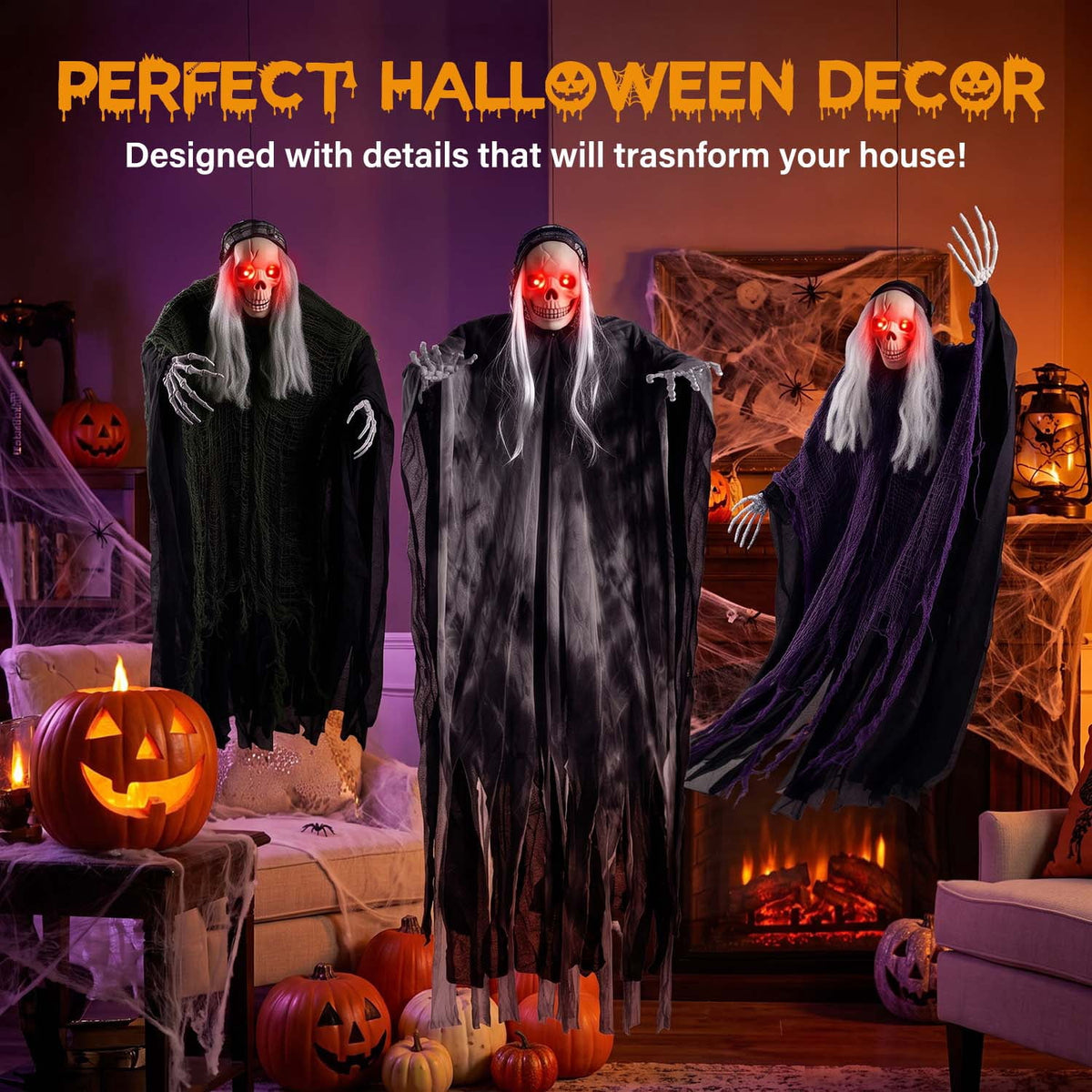 Witchwood™ 3 Pack Hanging Skeleton Ghosts for Halloween Decorations Outdoor, Grim Reaper for Halloween Decor