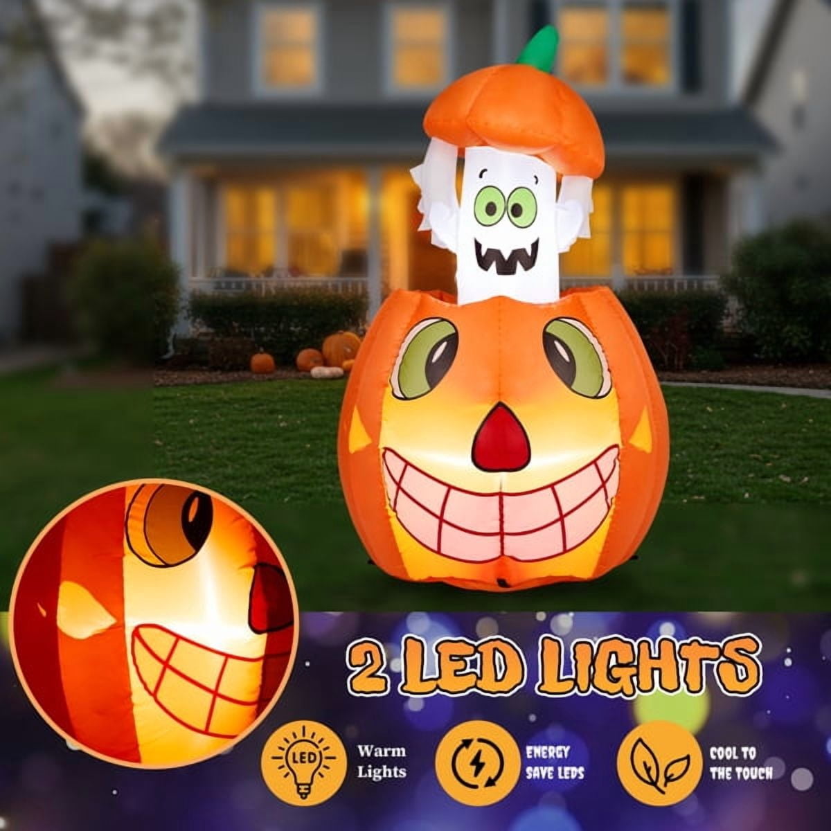 Witchwood™ 2.8FT Halloween Inflatable Animated Pumpkin Ghost, 2 White LED Lights, Weather-Resistant Polyester, for Small Spaces/Accent Decor