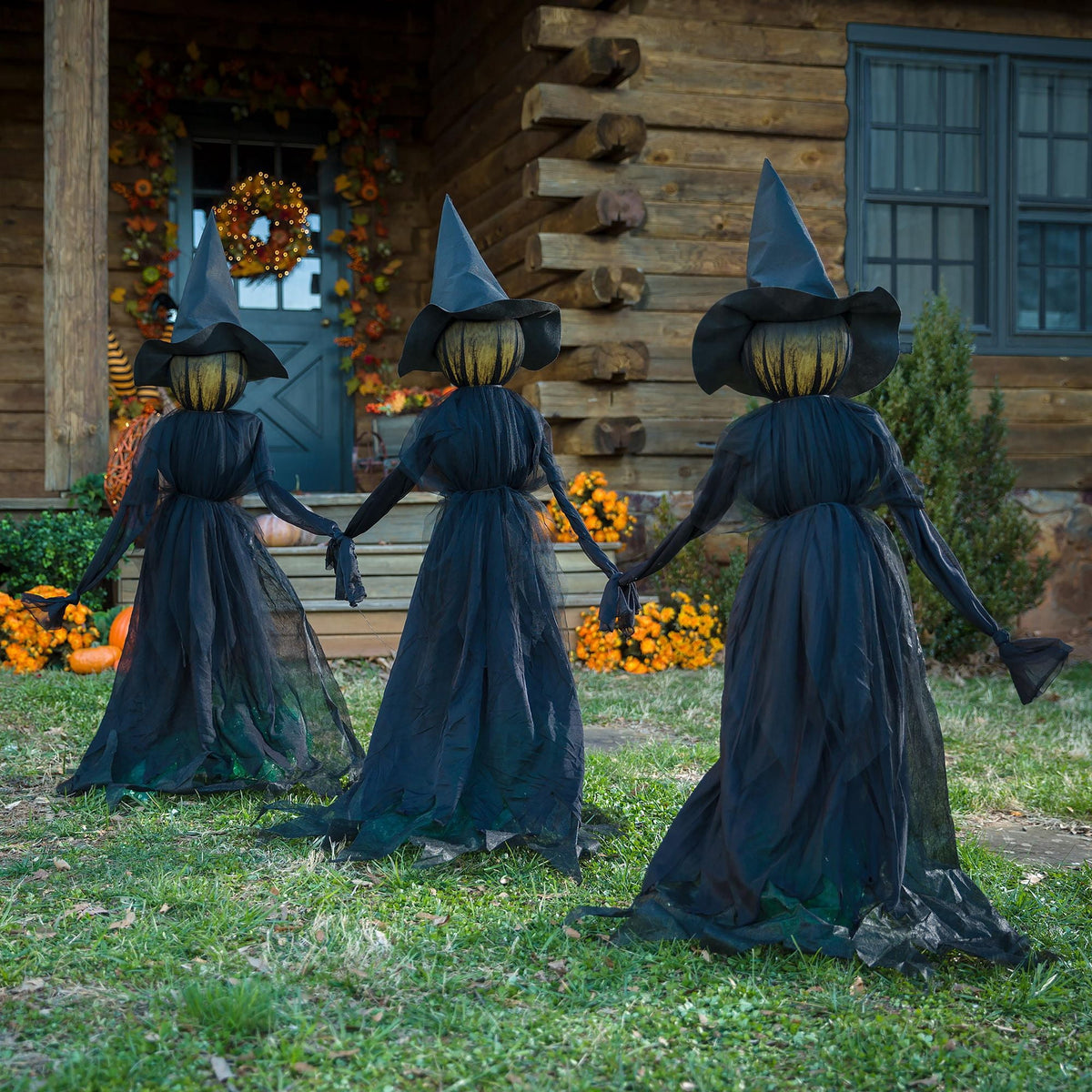 Witchwood™ Evergreen Set of 3 LED Lighted Halloween Witch Stakes, 4' Tall for Garden Lawn or Patio