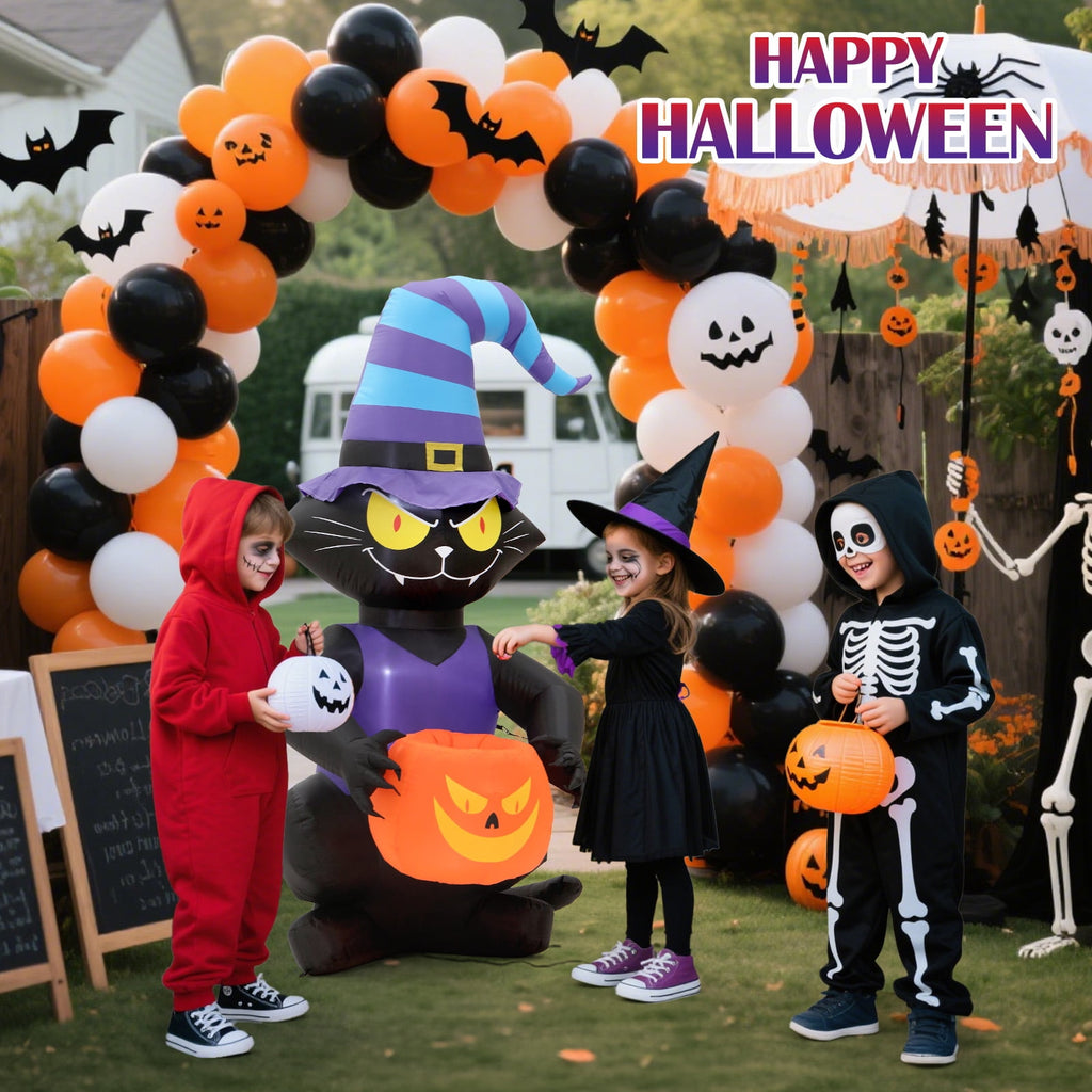 Witchwood™ Toiyjofe 6ft Halloween Inflatable Black Cat with Jack-o'-Lantern & LED Lights, Trick-or-Treat Yard Decoration with Witch Hat for Outdoor Lawn & Porch