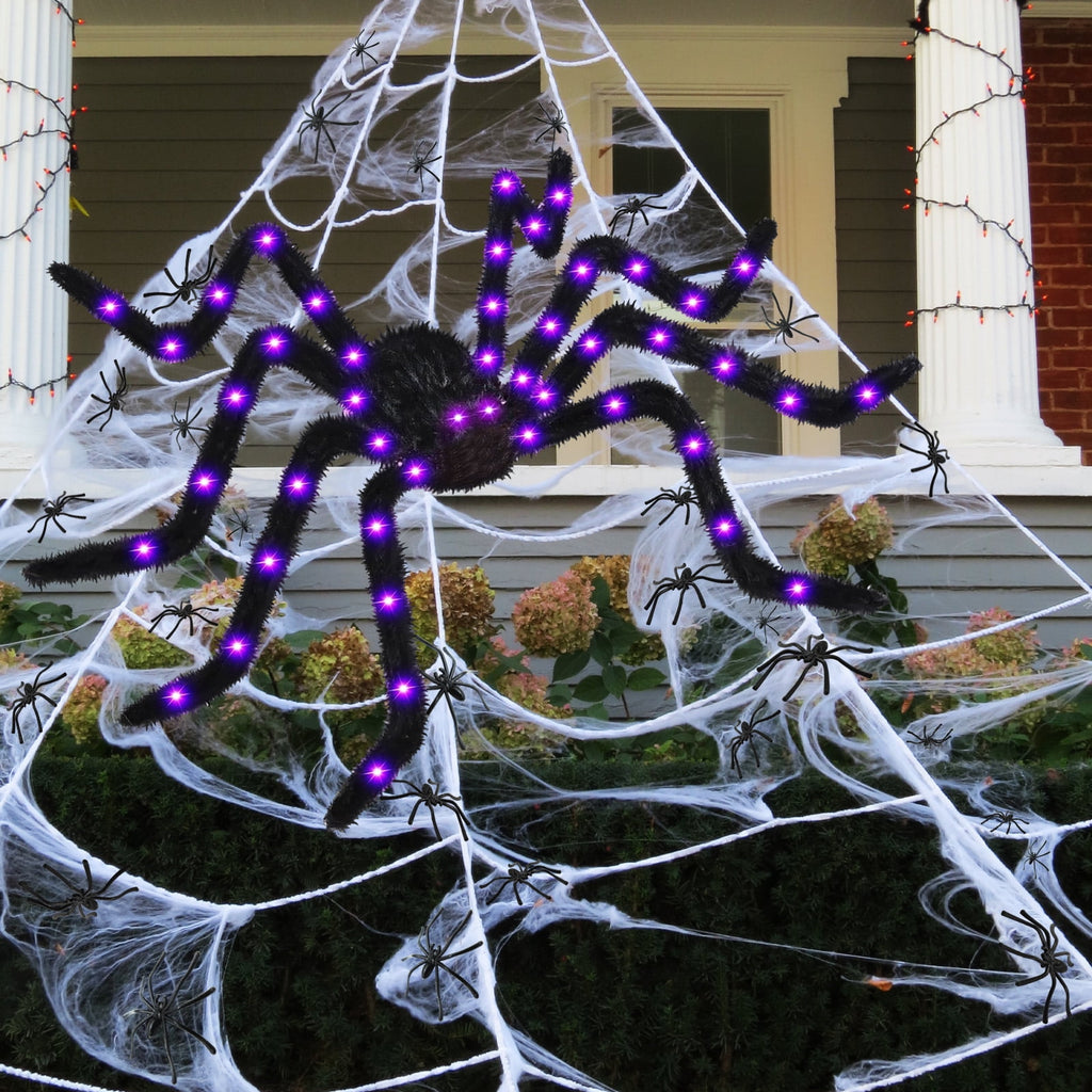 Witchwood™ Spider Webs Halloween Decorations Outdoor, 50" Light Up Giant Spider + 276" Triangular Spider Webs, Yard Outdoor Halloween Decor
