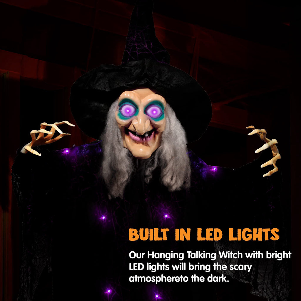 Witchwood™ 6ft Halloween Witch Decoration,Outdoor Scary Halloween Animatronic Hanging Witch with Light Up Eyes and Sound Decoration for Halloween Outdoor