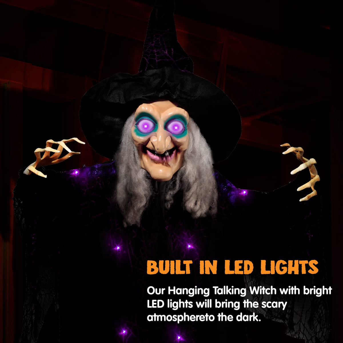 Witchwood™ 6ft Halloween Witch Decoration,Outdoor Scary Halloween Animatronic Hanging Witch with Light Up Eyes and Sound Decoration for Halloween Outdoor