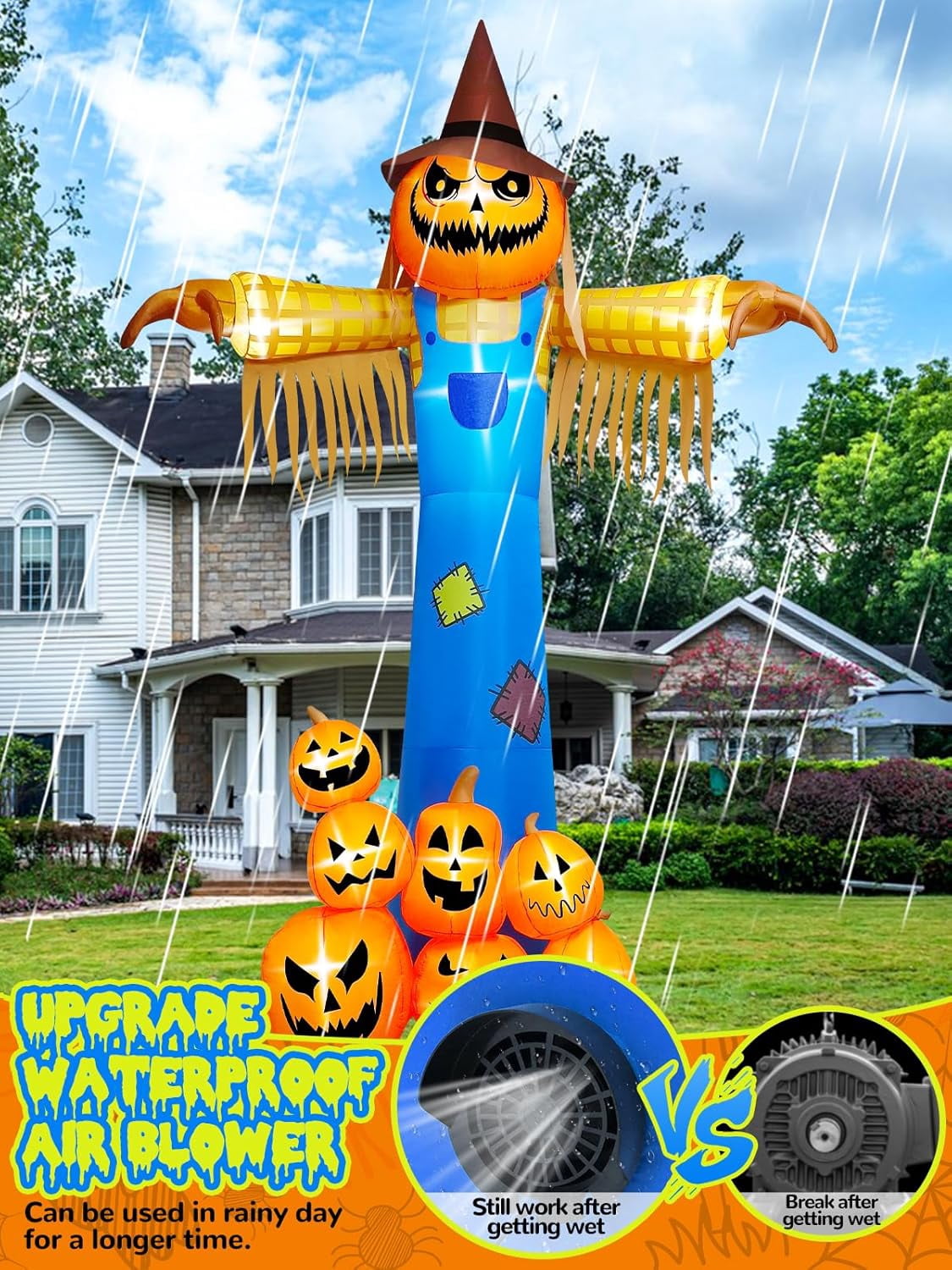 Witchwood™ 12.5 FT Halloween Inflatables with Music, Giant Pumpkin Scarecrow Inflatable with LED Light Blow Up Yard Decor with Scary Sound for Outdoor Garden Lawn Holiday Party Supplies