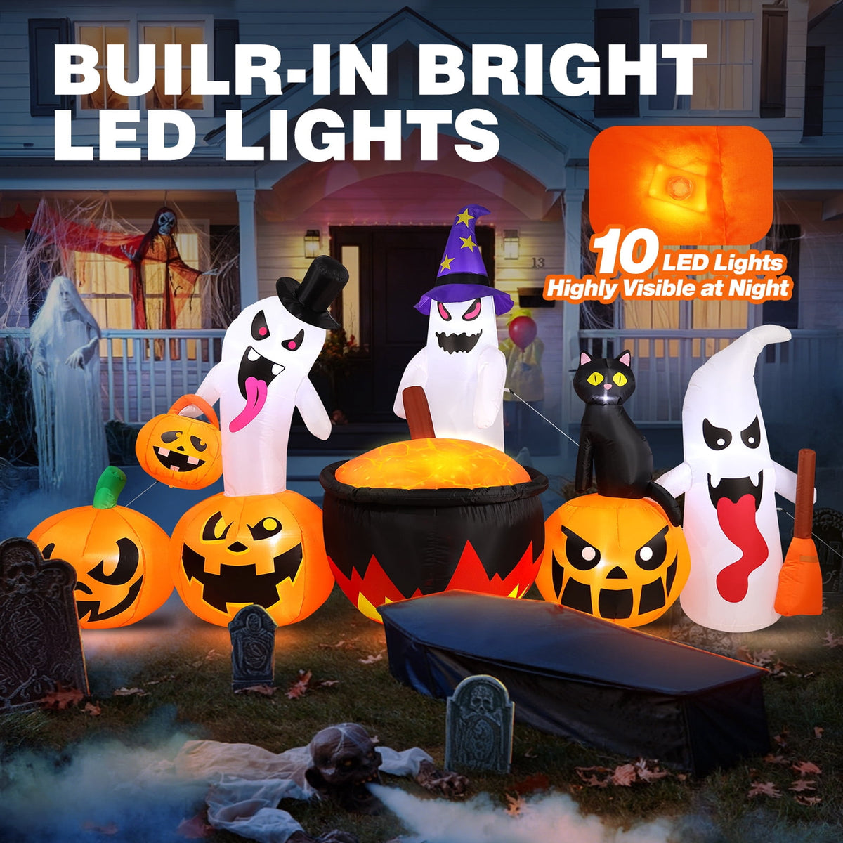 Witchwood™ 8.5FT Halloween Inflatables Pumpkin Ghost Family with Built-in LED Lights, Halloween Blow up Yard Decorations