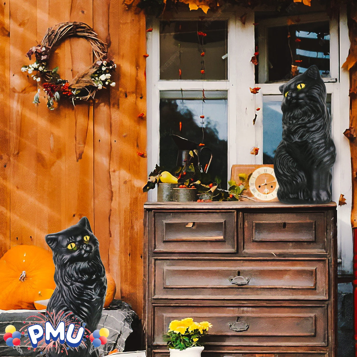 Witchwood™ PMU Halloween Black Cat - Blow Mold Plastic Cat Statue - Perfect Décor for Halloween, Home, Yard, Lawn, Garden, Indoor and Outdoor - Best for Party Favors and Supplies - (Yellow Eyes) 17 Inch Pkg/1