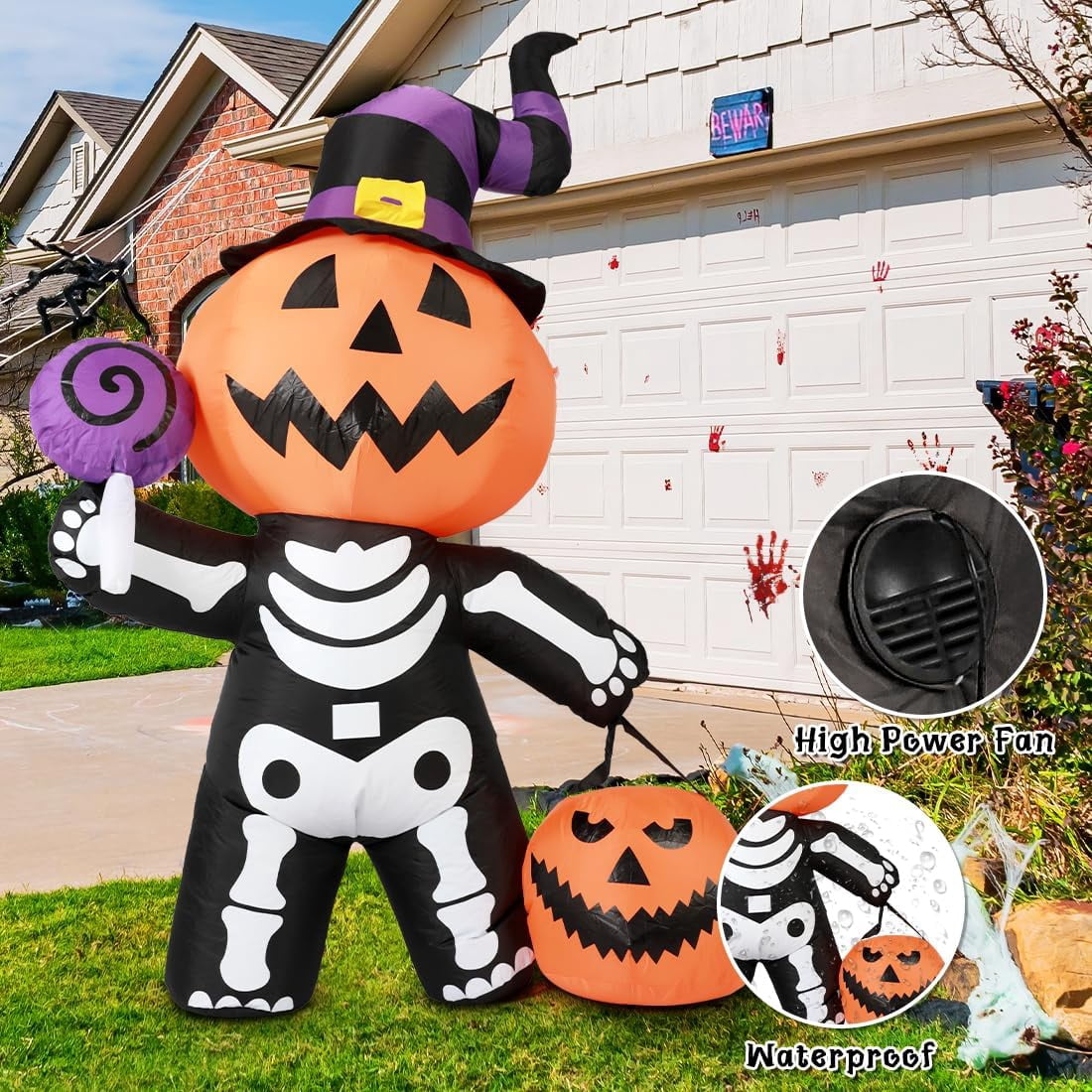 Witchwood™ Halloween Inflatables 6 FT Halloween Pumpkin Inflatable with Skull Body, Scary Blow Up Halloween Pumpkin Decoration with LED Lights, Outdoor Halloween Decorations Clearance for Holiday Party