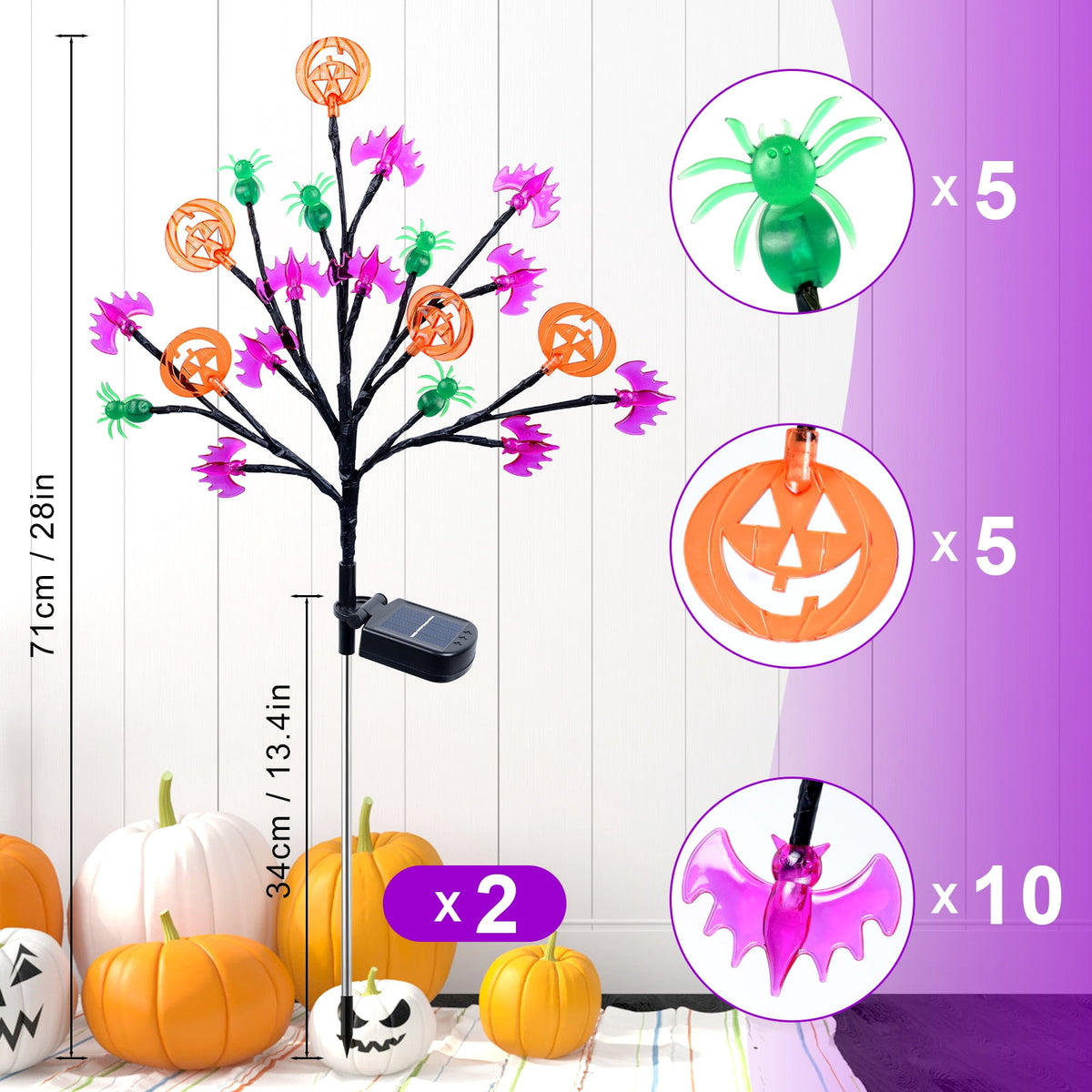 Witchwood™ 2 packs 40 LED Solar Halloween Lights, 2 Modes Halloween Bats Spiders Pumpkin Lights for Outdoor Decorations, Waterproof Stakes for Garden Yard Pathway Walkway