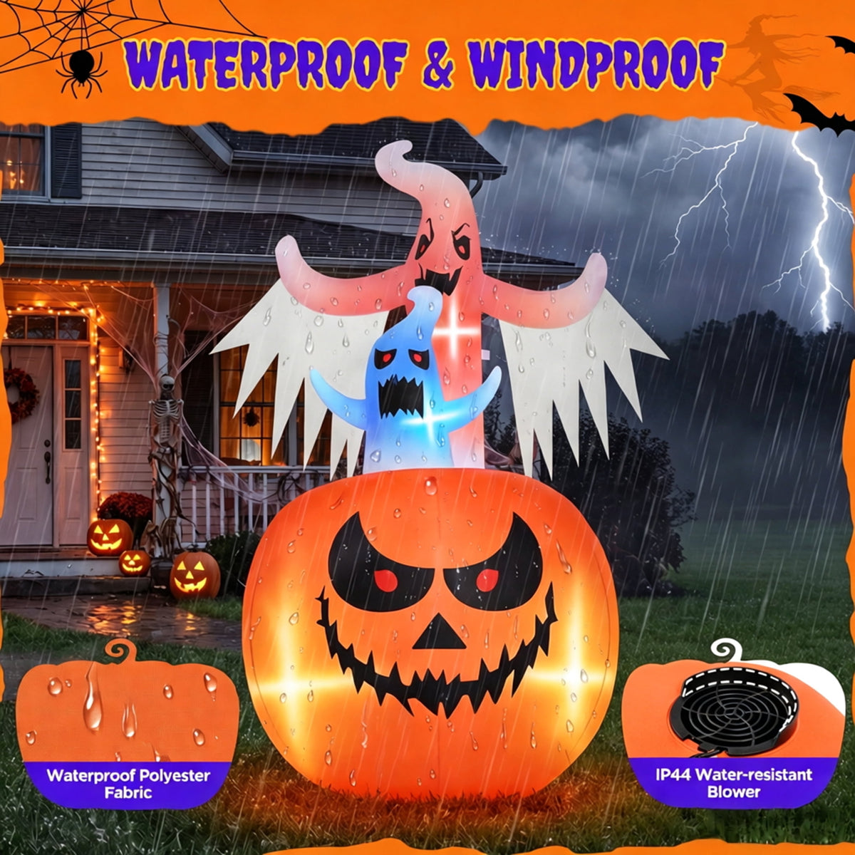 Witchwood™ 6ft Tall Halloween Inflatable,Ghosts Pumpkin with Colorful Flashing Lights,Blow ups Halloween Outdoor Decorations