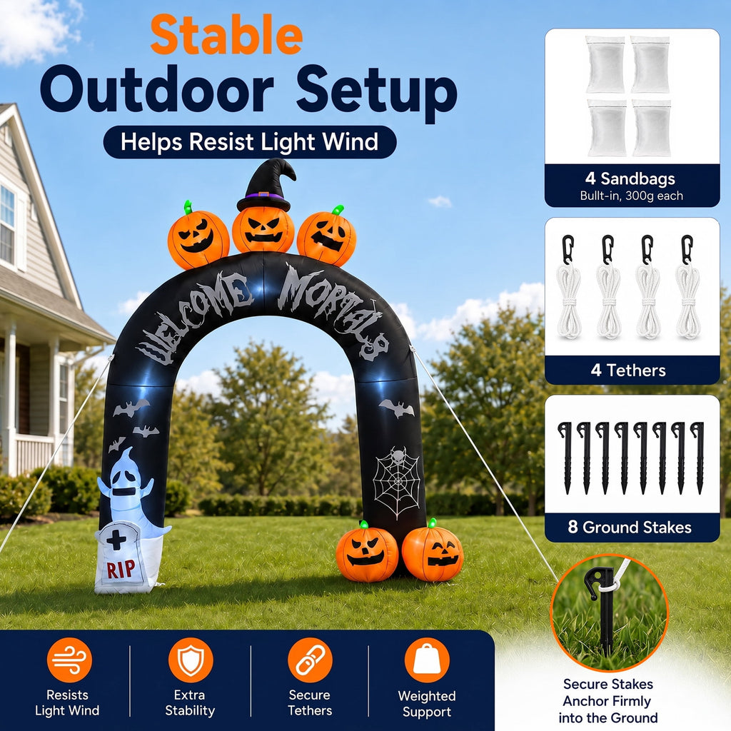 Witchwood™ 10FT Halloween Inflatable Arch for Outdoor Decor, LED Lighted Scary Archway with Ghost & Pumpkin, Blow Up Yard Decoration for Haunted Party Graveyard