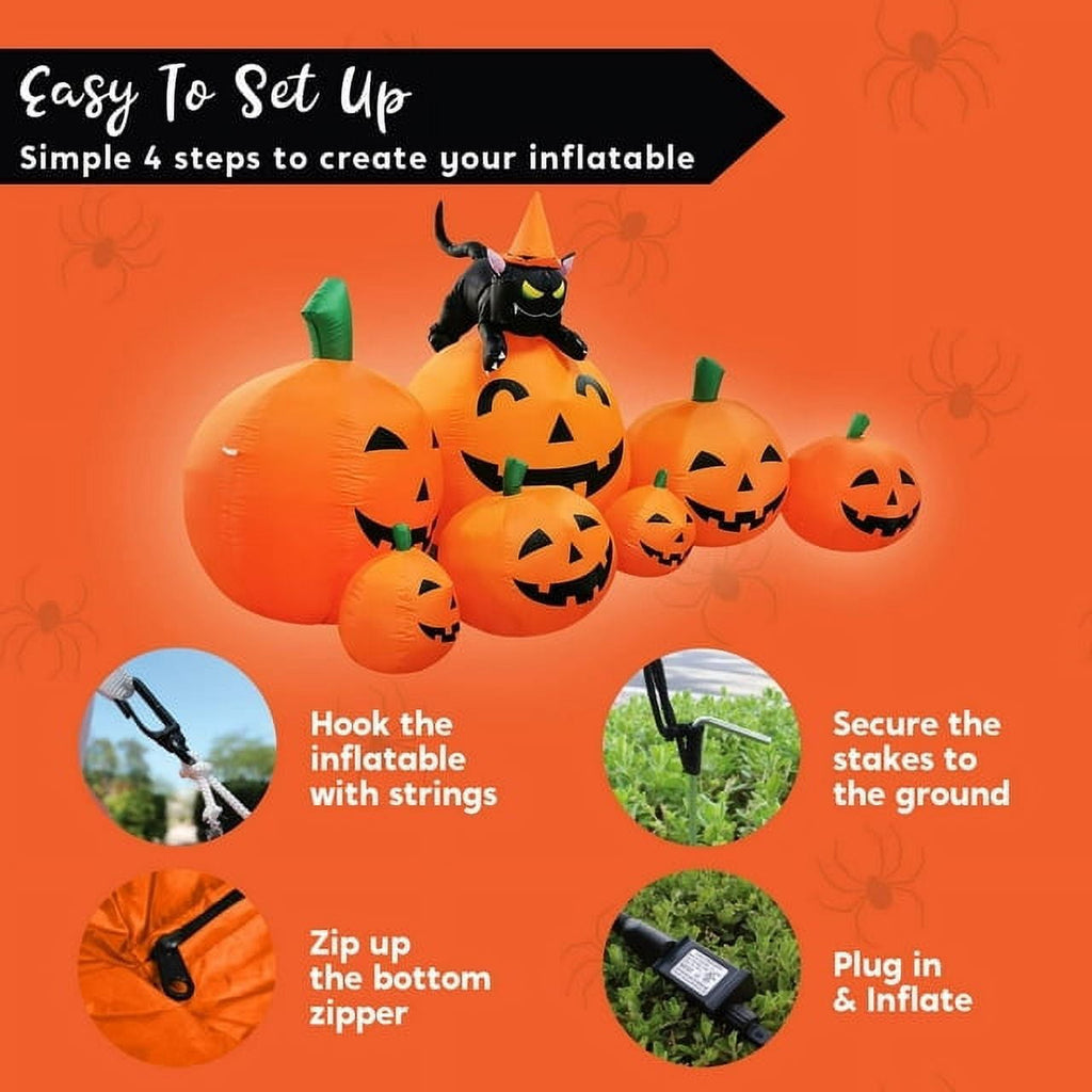 Witchwood™ 7 ft Halloween Inflatable Long Pumpkin with Witch's Cat Decorations Inflatables with Build-in LEDs,Halloween Decor Outdoor Blow Up Yard Decorations
