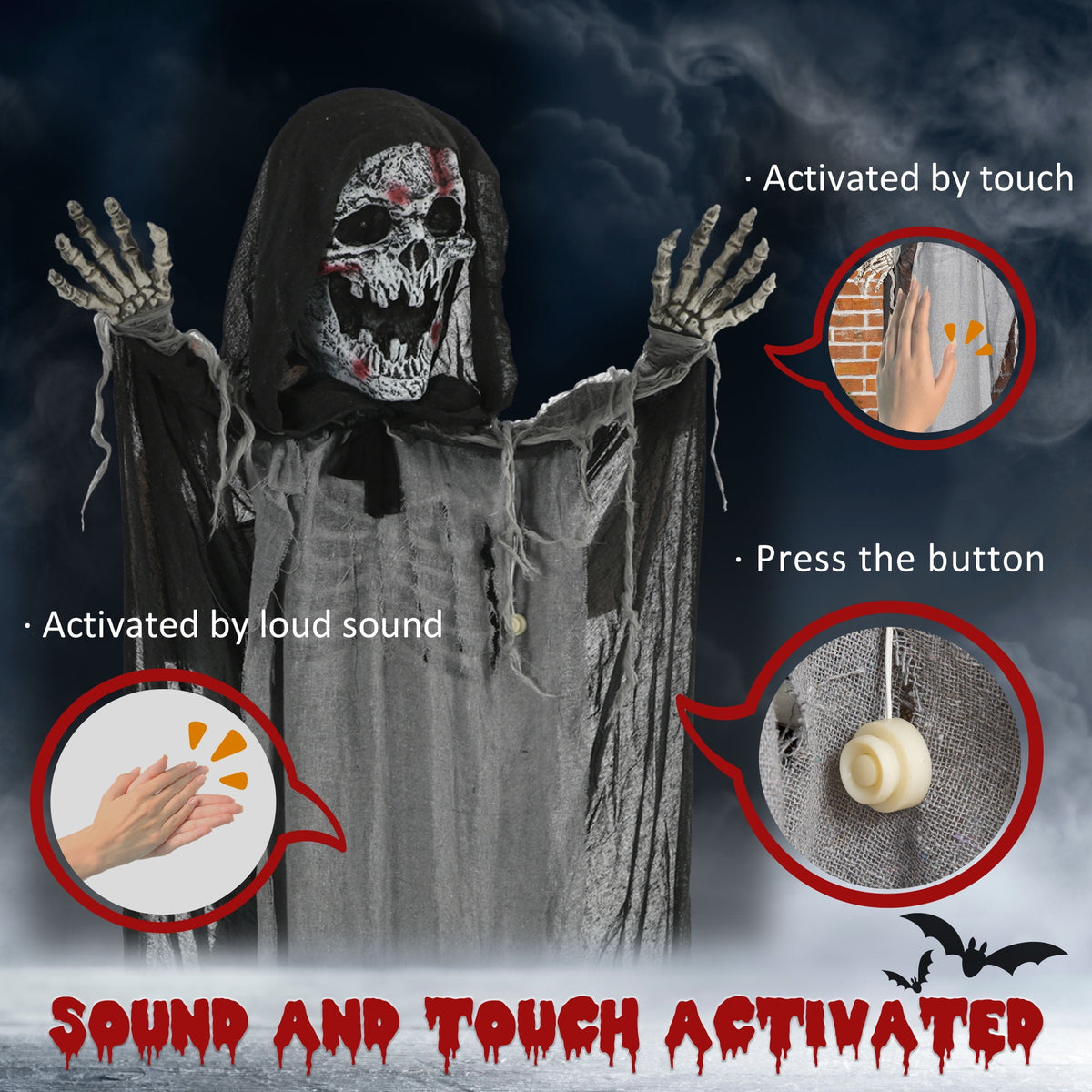 Witchwood™ Outsunny 74" Life Size Outdoor Halloween Decorations Skeleton Witch, Animated Prop Animatronic Decor with Sound and Motion Activated, Light Up Eyes and Chest, Howling and Chain Sound