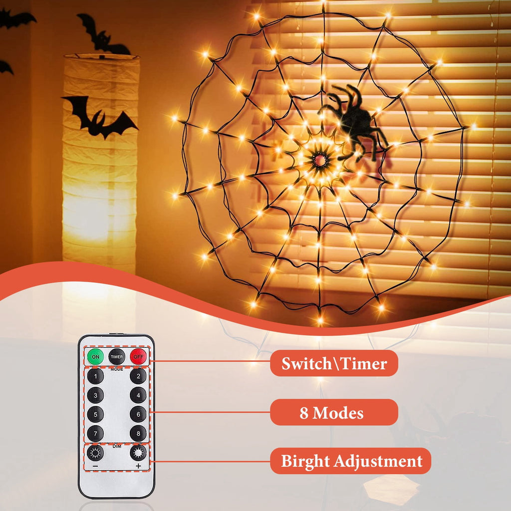 Witchwood™ Halloween Spider Web Light LED and a 5in Spider, 3.28ft Spider Web Light Decorations 70 LED Lighted, Indoor Outdoor House Yard Garden Scary Halloween Window Light, Battery Operated, Purple