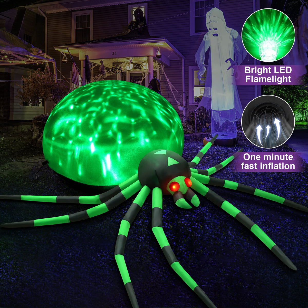 Witchwood™ 8FT Halloween Inflatables Outdoor Decorations Giant Spider Decorations with LED Lights and Air Pump Blow up Inflatable Green