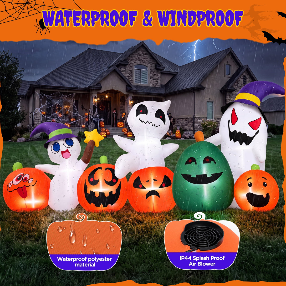 Witchwood™ (2 pack) 7ft Long Halloween Inflatable with Lights,Pumpkin Ghost for Outdoor Decorations