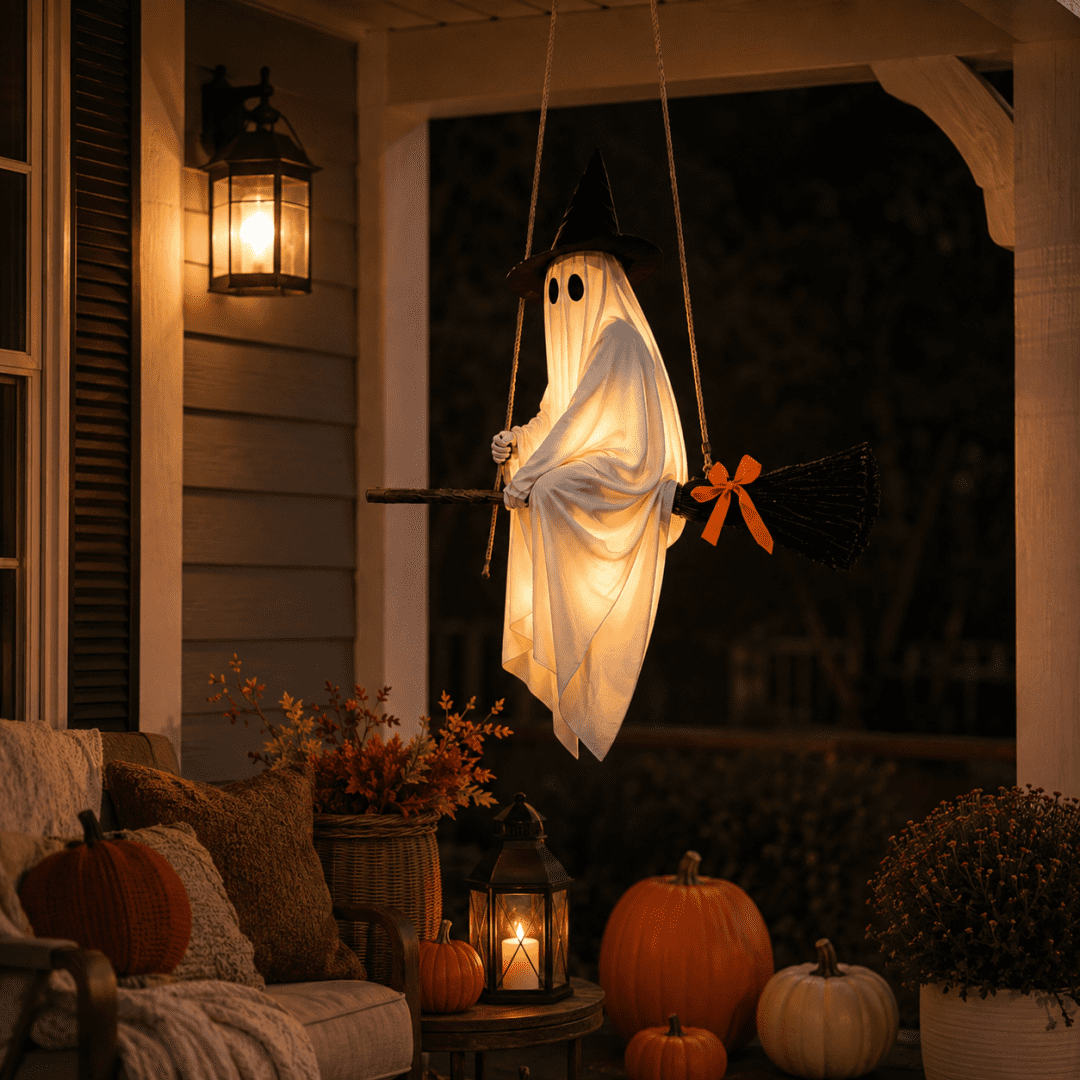 Witchwood™ LIGHTED HANGING GHOST WITCH HALLOWEEN DECORATION Floating White Ghost With Black Witch Hat Rustic Broom And Orange Bow Warm Glow