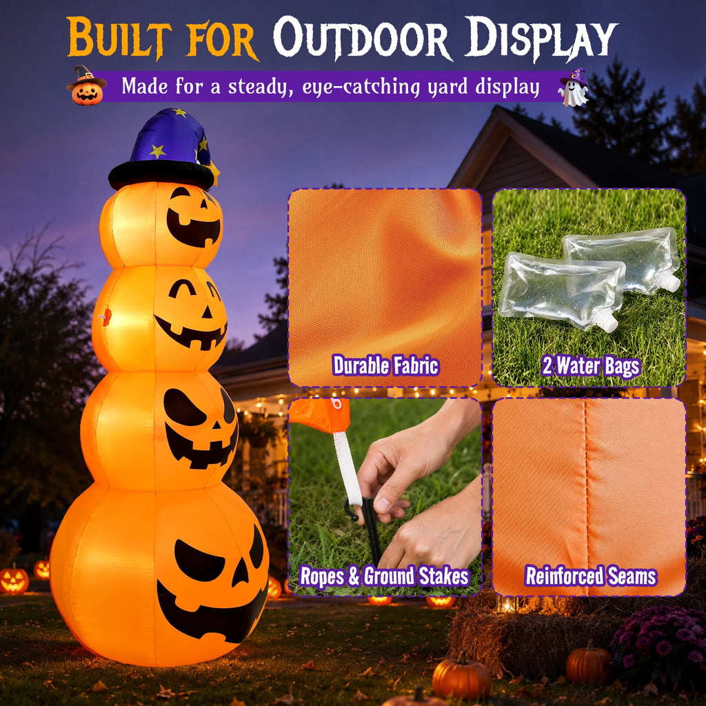 Witchwood™ 8 ft Halloween Pumpkin Stack Inflatable Decoration with Witch Hat, Lighted Blow up Yard Decor for Outdoor Lawn Garden